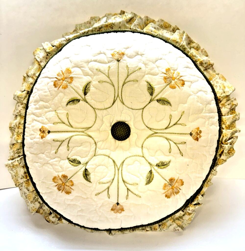 Grandma Core Yellow Sage Green Round Ruffled VTG. Cottage Core Pillow JCP Home